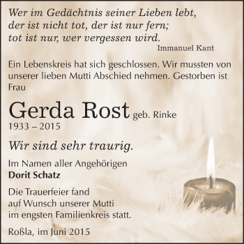Traueranzeige von Gerda Rost von Super Sonntag SGH Mansf. Land