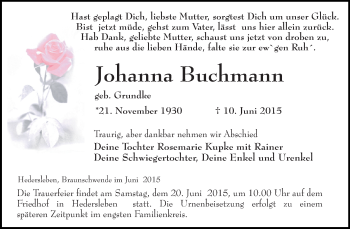 Traueranzeige von Johanna Buchmann von WVG - Wochenspiegel Quedlinburg