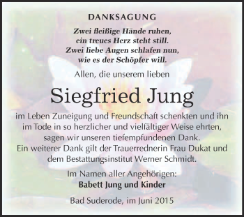 Traueranzeige von Siegfried Jung von WVG - Wochenspiegel Quedlinburg