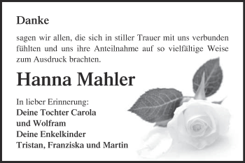 Traueranzeige von Hanna Mahler von WVG - Wochenspiegel NMB / WSF / ZTZ