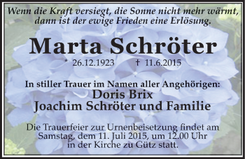 Traueranzeige von Marta Schröter von Mitteldeutsche Zeitung Halle/Saalkreis
