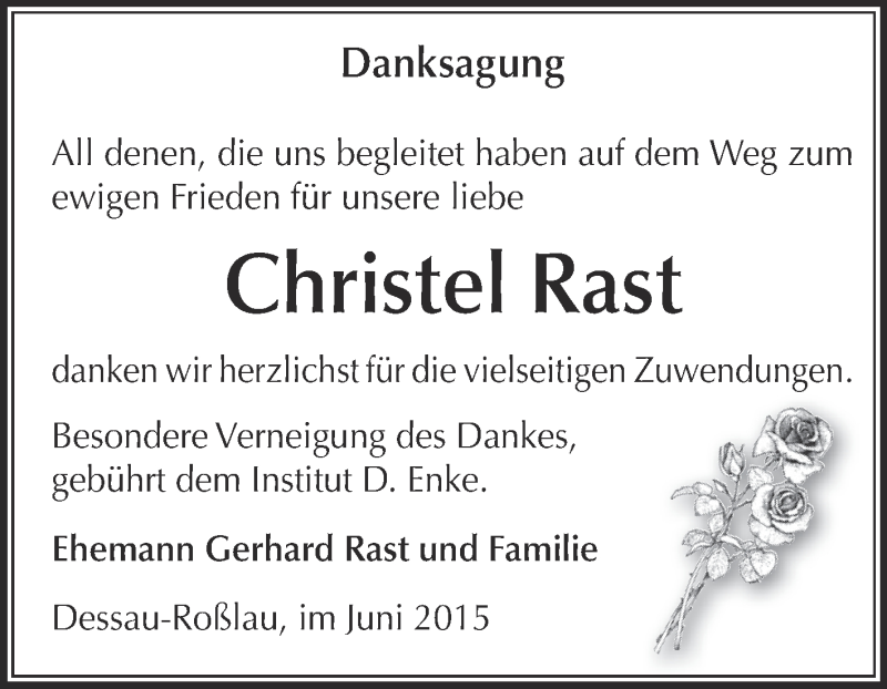  Traueranzeige für Christel Rast vom 21.06.2015 aus WVG - Wochenspiegel Dessau / Köthen