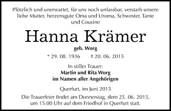 Traueranzeige von Hanna Krämer von Mitteldeutsche Zeitung Merseburg/Querfurt