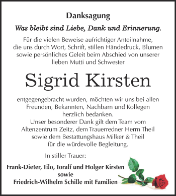 Traueranzeige von Sigrid Kirsten von Super Sonntag Zeitz