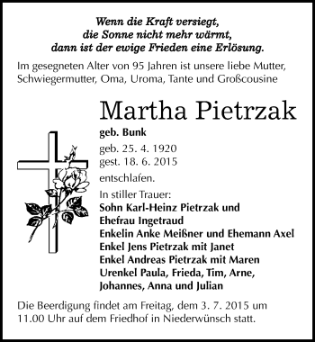 Traueranzeige von Martha Pietrzak von Mitteldeutsche Zeitung Merseburg/Querfurt