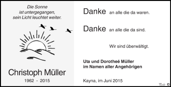 Traueranzeige von Christoph Müller von WVG - Wochenspiegel NMB / WSF / ZTZ