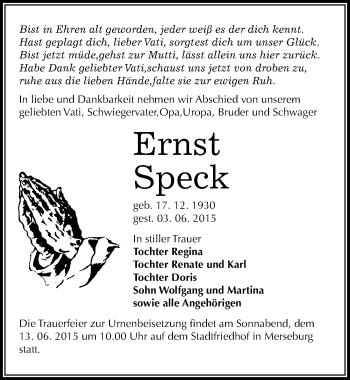 Traueranzeige von Ernst Speck von Mitteldeutsche Zeitung Merseburg/Querfurt