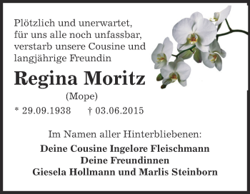 Traueranzeige von Regina Moritz von WVG - Wochenspiegel Dessau / Köthen