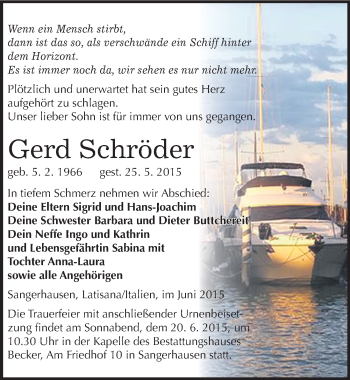 Traueranzeige von Gerd Schröder von Mitteldeutsche Zeitung Sangerhausen