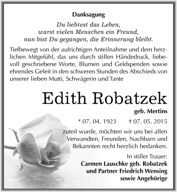 Traueranzeige von Edith Robatzek von Mitteldeutsche Zeitung Quedlinburg