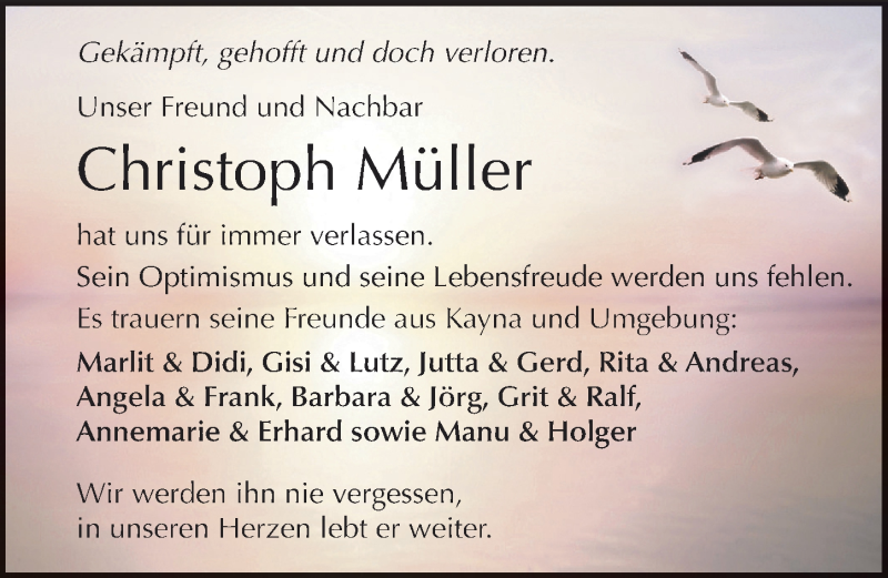 Traueranzeige für Christoph Müller vom 06.06.2015 aus Mitteldeutsche Zeitung Zeitz