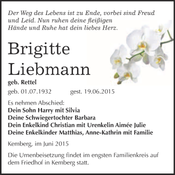 Traueranzeige von Brigitte Liebmann von WVG - Wochenspiegel Wittenberg