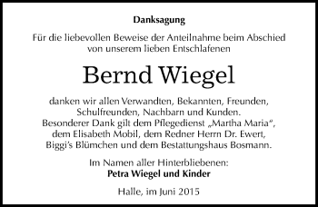 Traueranzeige von Bernd Wiegel von Mitteldeutsche Zeitung Halle/Saalkreis
