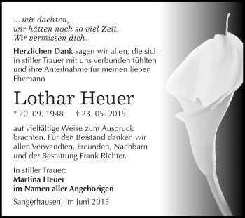 Traueranzeige von Lothar Heuer von Super Sonntag SGH Mansf. Land