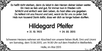 Traueranzeige von Hildegard Pfeifer von Mitteldeutsche Zeitung Weißenfels