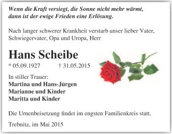 Traueranzeige von Hans Scheibe von WVG - Wochenspiegel NMB / WSF / ZTZ
