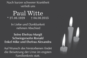 Traueranzeige von Paul Witte von WVG - Wochenspiegel Dessau / Köthen