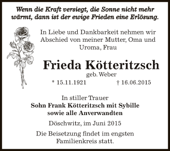Traueranzeige von Frieda Kötteritzsch von Super Sonntag Zeitz