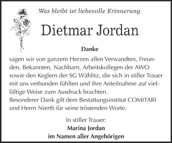 Traueranzeige von Dietmar Jordan von WVG - Wochenspiegel NMB / WSF / ZTZ