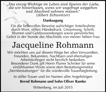 Traueranzeige von Jacqueline Rohmann von Mitteldeutsche Zeitung Wittenberg