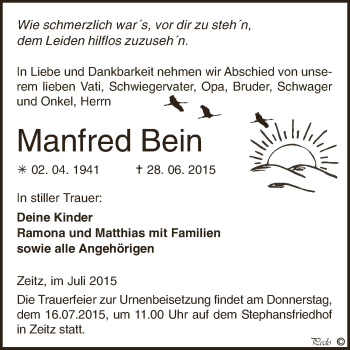 Traueranzeige von Manfred Bein von Super Sonntag Zeitz