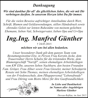 Traueranzeige von Manfred Günther von WVG - Wochenspiegel Dessau / Köthen