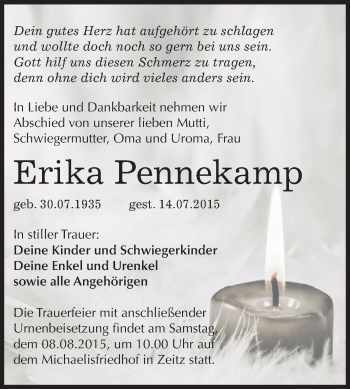 Traueranzeige von Erika Pennekamp von Super Sonntag Zeitz