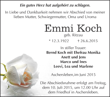 Traueranzeige von Emmi Koch von Super Sonntag Aschersleben