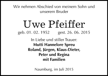 Traueranzeige von Uwe Pfeiffer von Mitteldeutsche Zeitung Naumburg/Nebra