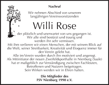 Traueranzeige von Willi Rose von Super Sonntag Bernburg