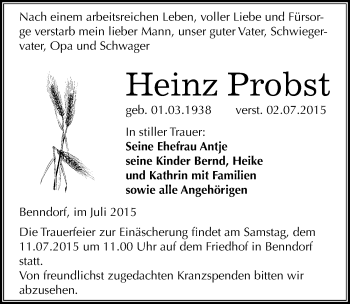 Traueranzeige von Heinz Probst von Mitteldeutsche Zeitung Mansfelder Land