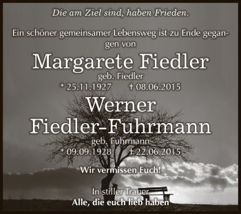 Traueranzeige von Margarete und Werner Fiedler-Fuhrmann von WVG - Wochenspiegel Dessau / Köthen
