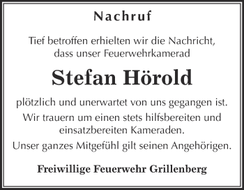 Traueranzeige von Stefan Hörold von Super Sonntag SGH Mansf. Land