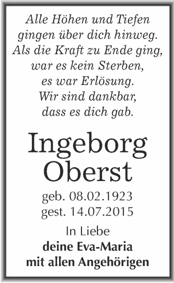 Traueranzeige von Ingeborg Oberst von Super Sonntag Wittenberg