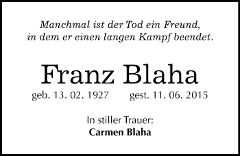 Traueranzeige von Franz Blaha von Mitteldeutsche Zeitung Mansfelder Land