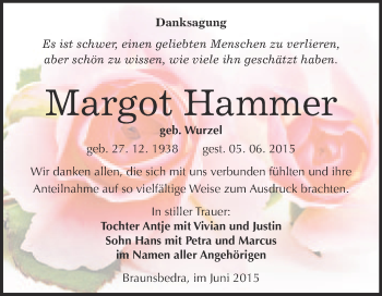 Traueranzeige von Margot Hammer von WVG - Wochenspiegel Merseburg