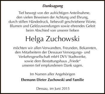 Traueranzeige von Helga Zuchowski von WVG - Wochenspiegel Dessau / Köthen