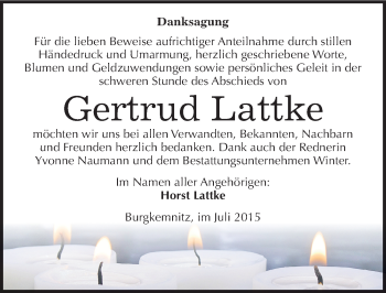 Traueranzeige von Gertrud Lattke von Mitteldeutsche Zeitung Wittenberg