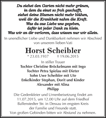 Traueranzeige von Horst Scheibler von WVG - Wochenspiegel Dessau / Köthen