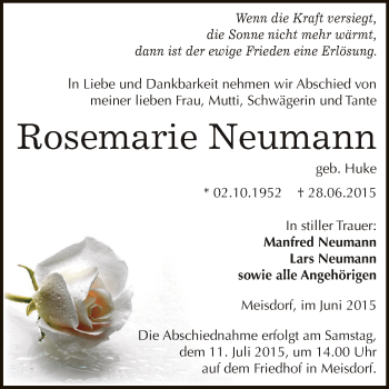 Traueranzeige von Rosemarie Neumann von Super Sonntag Aschersleben