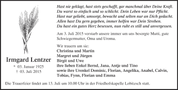Traueranzeige von Irmgard Lentzer von WVG - Wochenspiegel NMB / WSF / ZTZ
