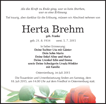 Traueranzeige von Herta Brehm von Mitteldeutsche Zeitung Köthen