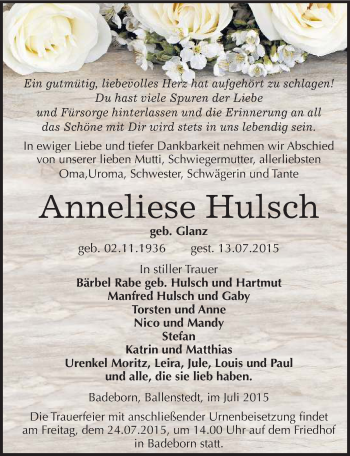 Traueranzeige von Anneliese Hulsch von Mitteldeutsche Zeitung Quedlinburg