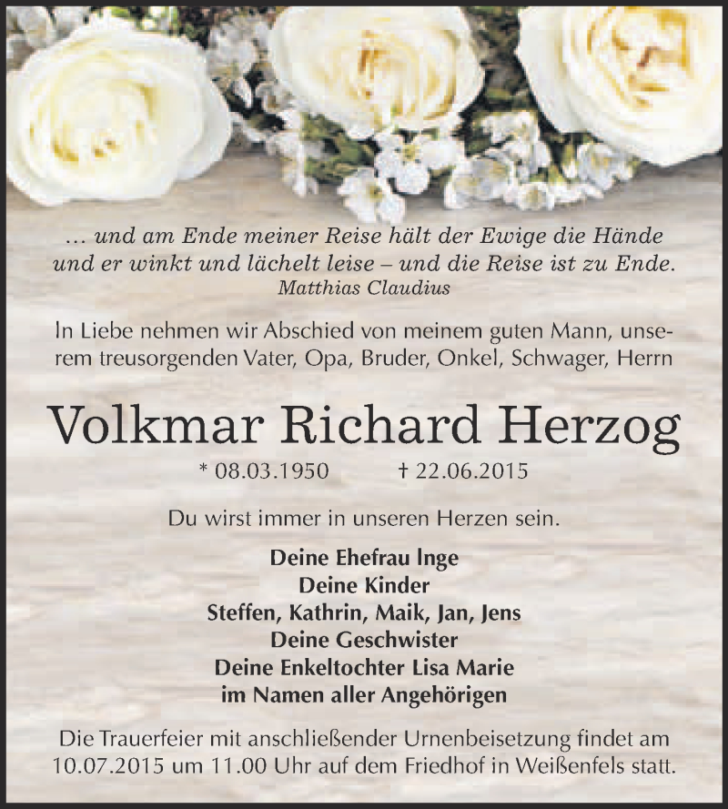  Traueranzeige für Volkmar Richard Herzog vom 01.07.2015 aus WVG - Wochenspiegel NMB / WSF / ZTZ