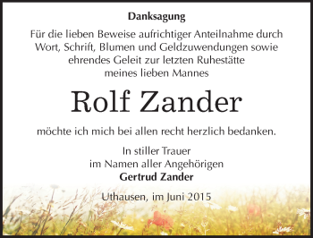 Traueranzeige von Rolf Zander von Mitteldeutsche Zeitung Wittenberg