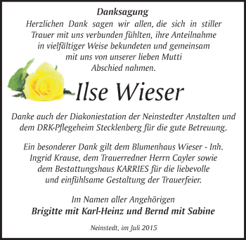 Traueranzeige von Ilse Wieser von Mitteldeutsche Zeitung Quedlinburg
