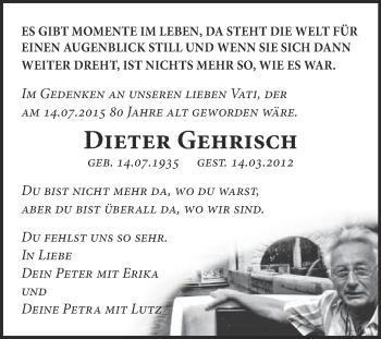Traueranzeige von Dieter Gehrisch von Super Sonntag Wittenberg