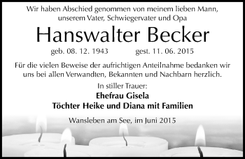 Traueranzeige von Hanswalter Becker von Mitteldeutsche Zeitung Mansfelder Land