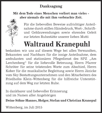 Traueranzeige von Waltraud Kranepuhl von Super Sonntag Wittenberg