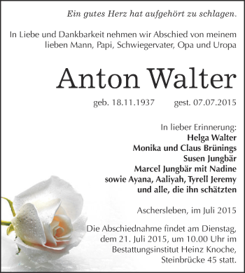 Traueranzeige von Anton Walter von Super Sonntag Aschersleben